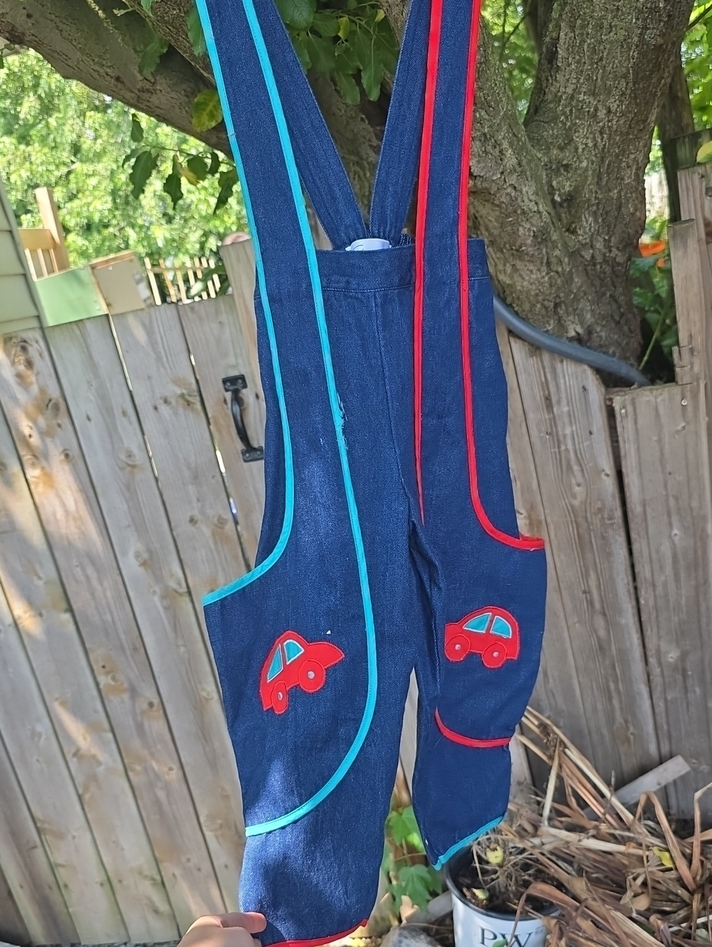 Kids Denim Overalls with Red and Teal Car Appliqués, Some Damage To Green
